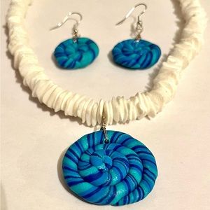 Handcrafted Clay Necklace and Earrings Blue Spiral Design One of a Kind